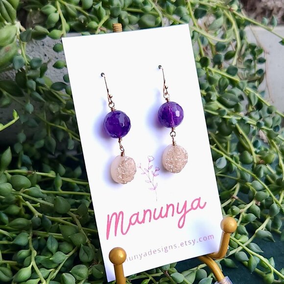 Amethyst Druzy Drop Earrings - Semi-Precious Amethyst & Druzy - Picture 2 of 5